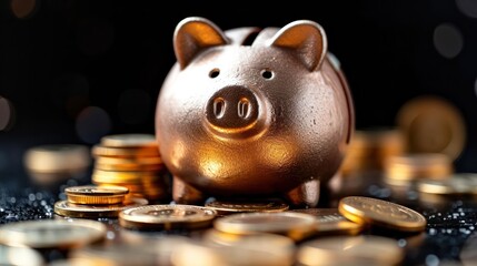 Piggy bank and many golden coins on black background. Concept of saving money