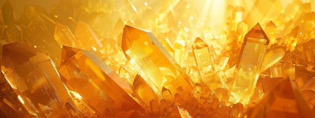 Fototapete - The background is light orange, with rays of sunlight shining through the translucent crystal material and emitting golden radiance in an anime style.