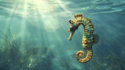 Wall Mural - seahorses in the sea with sunlight