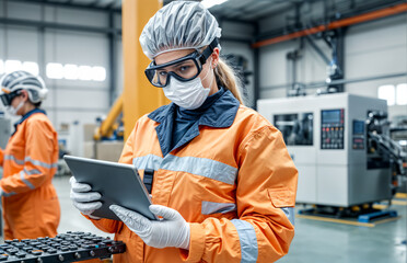 Female Technician in Protective Coveralls, Mask and Eyewear Using Tablet Computer at a Manufacturing Complex. Specialist Monitoring Conditions at a Modern Electronics Factory