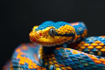 Wall Mural - vibrant colored snake slithering on a contrasting black background closeup nature photography