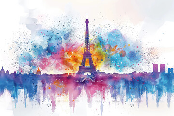 Colorful watercolor paint of Paris cityscape with the Eiffel Tower