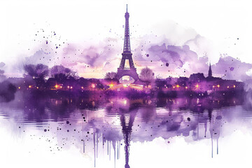 Wall Mural - Purple watercolor paint of Paris cityscape with the Eiffel Tower