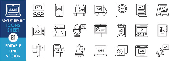 Leinwandbilder - A set of outline icons related to advertisement. Line icons of advertising. Video, Billboard, websites, announcement icons.