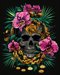 Wall Mural - A skull with a gold chain around it and pink flowers