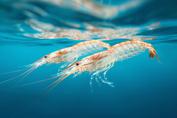 A close-up of a fresh, white shrimp in clear water