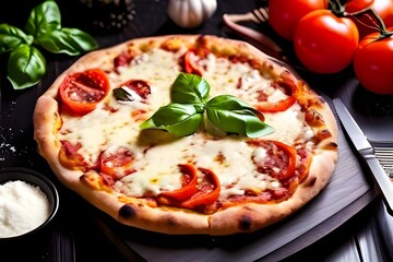 Wall Mural - Delicious homemade pizza on black wooden table. Italian food with cheese and tomato top view background with copy space