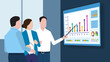 The manager of the company's operations presents at a meeting. A diverse team uses a TV screen that displays data, statistics, charts, and growth analysis. Vector illustration eps10
