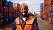 Portrait of a middle aged African American industrial engineer at a container warehouse in the port. He openly looks at the camera and smiles