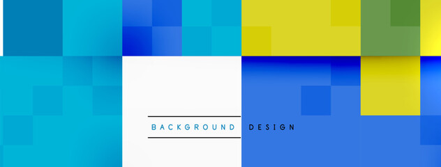 Poster - The colorfulness of the blue and yellow background with squares creates a vibrant and dynamic visual effect. The rectangles and patterns in electric blue and magenta add a modern touch to the design