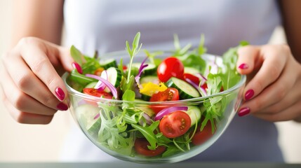 Delicate fingers present a plate filled with the essence of nature, an invitation to savor the beauty and vitality of fresh herb salad