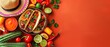 © Electro Unicorn - A top view of sombreros hat, cactus and tacos on a clean orange backdrop for Cinco De Mayo and big space for text or product advertisement background, Generative AI.