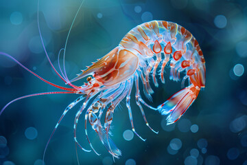 Wall Mural - shrimp, both marine animals with translucent bodies, can be found in aquariums or swimming freely in the sea