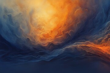 A painting of a stormy sky with orange and blue clouds