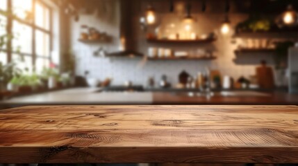 Wooden table on blurred kitchen bench background. Empty wooden table and blurred kitchen background