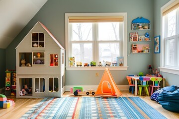 Wall Mural - doll house playroom decorated with colorful toys