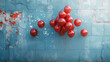 The wall adorned in vivid blue paint, accentuated by a cluster of vibrant red balloons