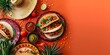 A top view of sombreros hat, cactus and tacos on a clean orange backdrop for Cinco De Mayo and big space for text or product advertisement background, Generative AI.
