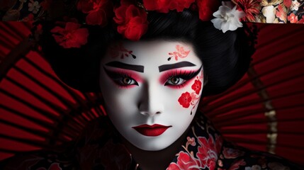 Wall Mural - Vibrant geisha portrait with striking makeup and floral accents