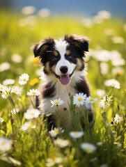 Canvas Print - Playful puppy in a field of flowers