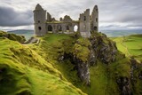 Ruins of an ancient castle on a grassy hill overlooking a scenic landscape