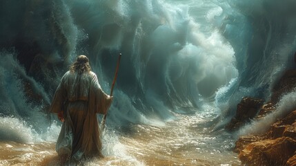 Wall Mural - Portrait of the biblical back view of Moses dividing the sea with his stick: a depiction of divine power and liberation, with towering walls of water parting to reveal a path of destiny.