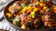 A plate of grilled chicken thighs served with a tangy mango salsa, sprinkled with fresh cilantro leaves
