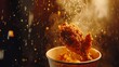A succulent piece of fried chicken being lifted out of its paper bucket, with droplets of oil glistening under the light