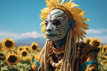 Wall Mural - Colorful tribal mask with sunflowers