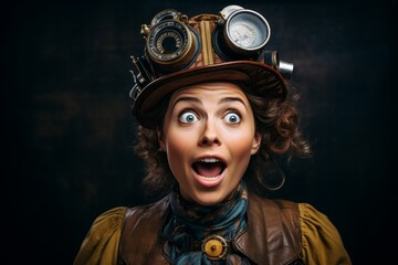 Surprised steampunk woman with goggles and gears