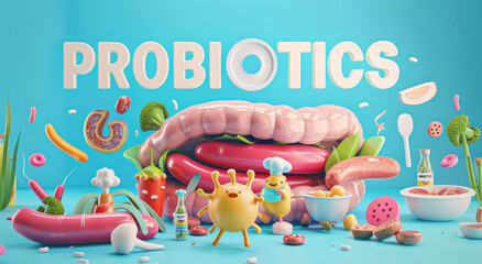 Wall Mural - 3d cartoon illustration of cute tiny happy bacteria cooking in the stomach, on top is an empty iridescent light blue background with large letters 