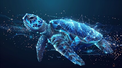 A sleek 3D graphic term with a wireframe light line framework and a turtle in a low poly method layout over a blue geometric setting dark set and space, Generative AI.