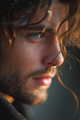 Poster - A man with long hair and a beard is looking at the camera