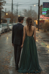 Wall Mural - A man and woman are walking down a street in the rain