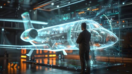 Futuristic aerospace engineering background, machining engineer visualizing airplane model hologram, using Augmented Reality. Automatic aerial vehicle, innovative Industry 4.0 research and development