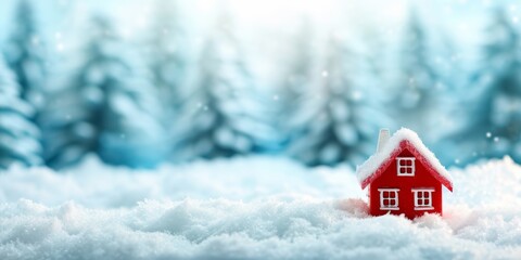 Wall Mural - christmas house in winter snowy forest. holiday christmas ornament decoration, copy space. banner an