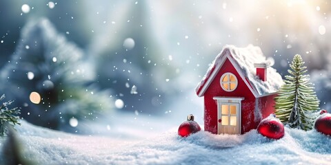 Wall Mural - christmas house in winter snowy forest. holiday christmas ornament decoration, copy space. banner an
