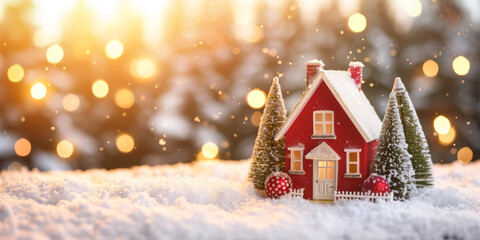 Wall Mural - christmas house in winter snowy forest. holiday christmas ornament decoration, copy space. banner an