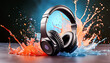 Colorful liquid and headphones, music, advertising, wet, repellent, image, jumping, bright, tempo, rhythm, design