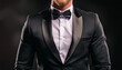 Man in tuxedo, beard, black, formal, muscles, jacket, tie, shirt, black background, closeup