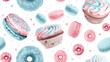 seamless pattern adorned with an array of cupcakes, macaroons, and donuts in charming shades of pink and blue against a pristine white background.