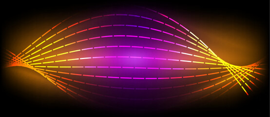 Poster - A colorful wave resembling a rainbow with shades of purple, violet, pink, magenta, and electric blue, created by automotive and visual effect lighting on a dark background
