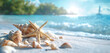 beach scene: pristine white sand, azure waters, scattered seashells, and a lone starfish. The blurred background offers ample space for text or images