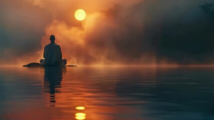 Poster - A man is sitting on a rock in the water, looking at the sun