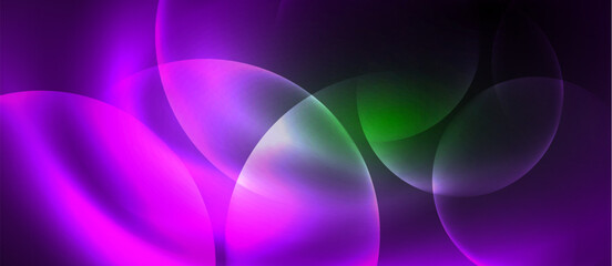 Poster - Vibrant purple and green circles create an abstract visual effect on a black background, resembling gas and electric blue water. This art piece is filled with colorfulness and magenta accents