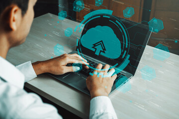 Poster - Cloud computing technology and online data storage for business network concept. Computer connects to internet server service for cloud data transfer presented in 3D futuristic graphic interface. uds