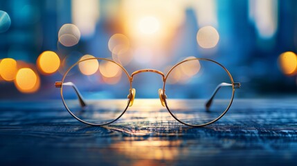 Sticker - A pair of classic golden frame glasses resting on a wooden table