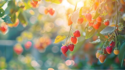 Wall Mural - A background of strawberries trees with strawberries hanging on the branches, blurred background