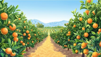 Canvas Print - A vibrant orange grove basks in the warm glow of late afternoon, as ripe oranges dangle from lush trees under clear blue skies