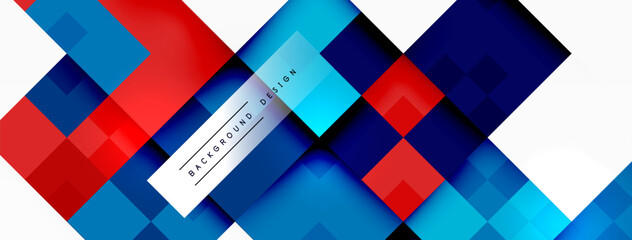 Poster - An artistic composition featuring a colorful blend of red, blue, and white geometric shapes like squares and rectangles, creating a vibrant and eyecatching abstract background